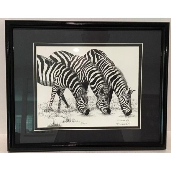 Original Lithograph in Pen & Ink, Zebras Drinking Signed Limited Edition #4/250 - Picture 1 of 16